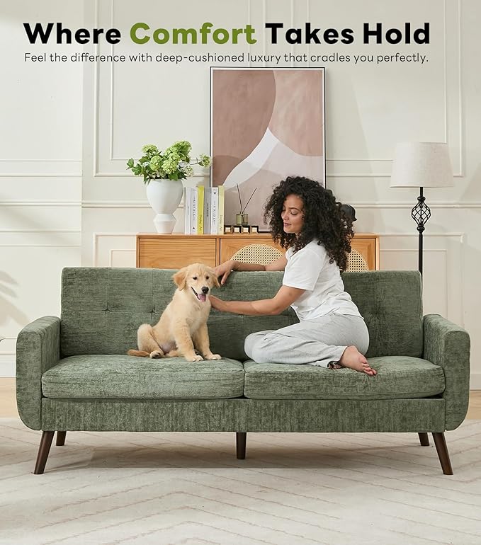 Tbfit 77.2" W Linen Sofa Couch, Mid Century Modern Decor Loveseat Couches for Living Room, Button Tufted Upholstered Small Couch for Bedroom, Solid, and Easy to Install Love Seats Furniture, Green