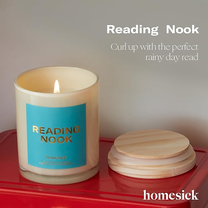 Homesick Scented Candles for Home (Reading Nook) - 7.5 oz Long-Lasting Natural Soy Wax Blend Jar Candle Gift for Women & Men for All Occasions, 30-35 Hours Burn Time - Notes of Sandalwood & Musk