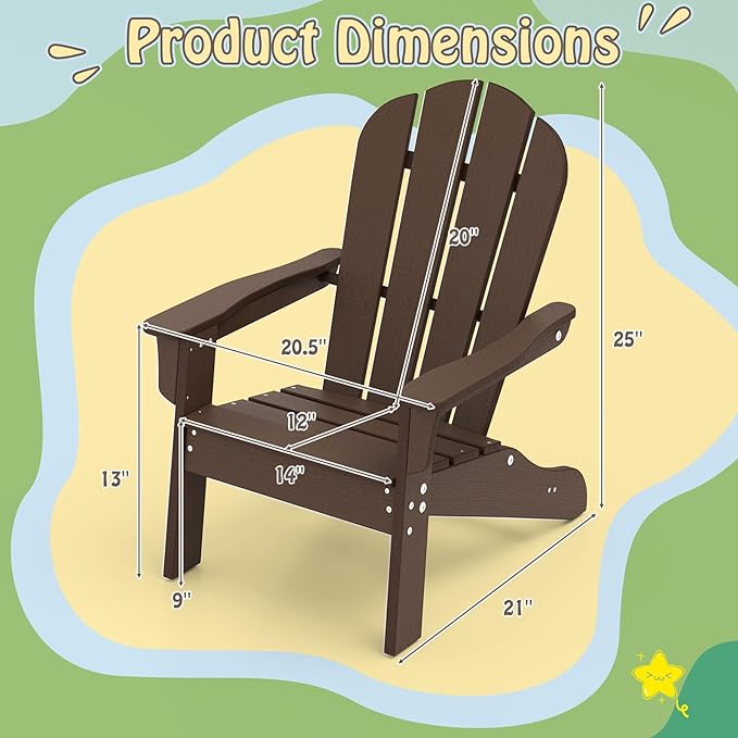 Giantex HDPE Kids Adirondack Chair - All-Weather Lawn Toddler Chair with Ergonomic Design, Children’s Outdoor Chair for Toddlers Ages 3-8, Kid’s Patio Furniture for Deck, Garden (4, Brown)