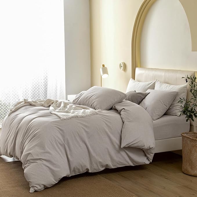 JIYUAN 100% Washed Cotton Duvet Cover Set 3 PCS Oversized King Plus, 1 Duvet Cover 128"x120"(Comforter Not Included) and 2 Pillowcases,Linen Feel Bedding Set Comfy and Breathable,Heathered Cream Grey