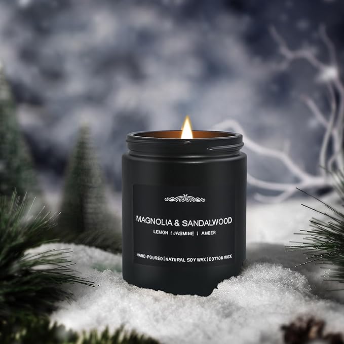 Scented Candle Set for Men, 4 Pack Black Jar Candles with Manly Scents – Amber Patchouli, Magnolia Sandalwood, Cedar Oakmoss, Pine Clove, Soy Wax Aromatherapy Gift for Him, Dad, Husband, Father's Day