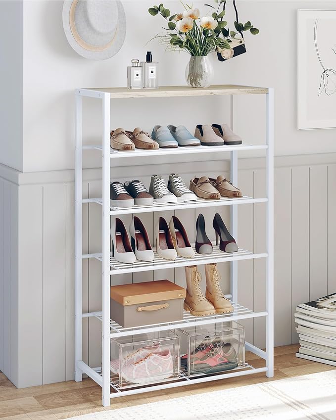 Yusong Shoe Rack Organizer, 6 Tier Industrial Shoe Storage Shelf, Narrow Sturdy Metal Shoe Shelves for Closet Entryway, Rustic Brown