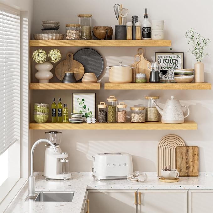 Heimlove 12" Deep Floating Shelves for Wall, 24 Inch Wall Shelf Bathroom Shelves Set of 2, Wall Mounted Shelves for Books Living Room Laundry Room Bedroom Kitchen Home Office, Oak