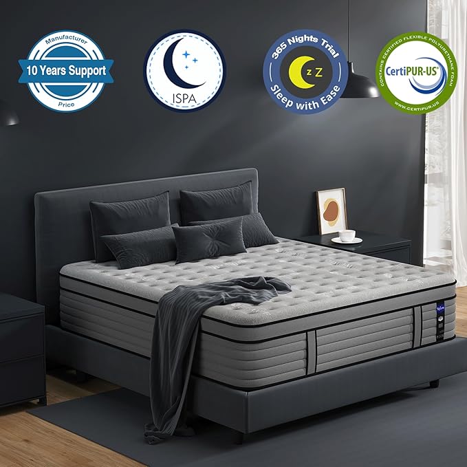 DIFAME King Size Mattress, 14 Inch Firm Hybrid King Mattress in a Box with Gel Memory Foam, Pressure & Back Pain Relief, Individually Pocket Spring, Edge Support, 100-Night Trial, CertiPUR-US