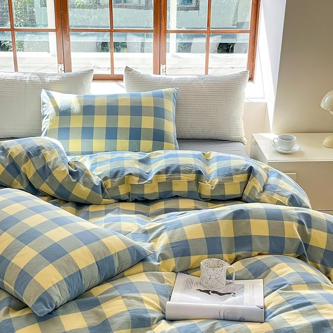 FACE TWO FACE Bedding Duvet Cover Set100% Washed Cotton Duvet Cover Linen Like Textured Breathable Durable Soft Comfy (California King, Blue Yellow Grid)