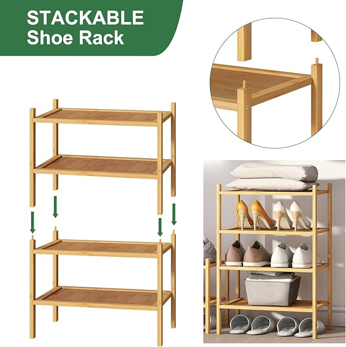 Small Shoe Rack, 2-Tier Bamboo Wood Shoe Rack for Entryway, Stackable Shoe Organizer for Hallway Closet, Free Standing Shoe Racks for Indoor & Outdoor