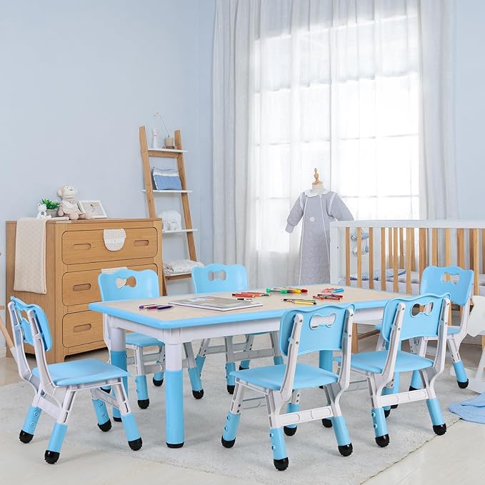 Arlopu Kids Table and 6 Chairs Set, Height Adjustable Graffiti Desk, Preschool Activity Art Craft Table, for Daycare Classroom Home Boys and Girls Age 3-12 (Blue)