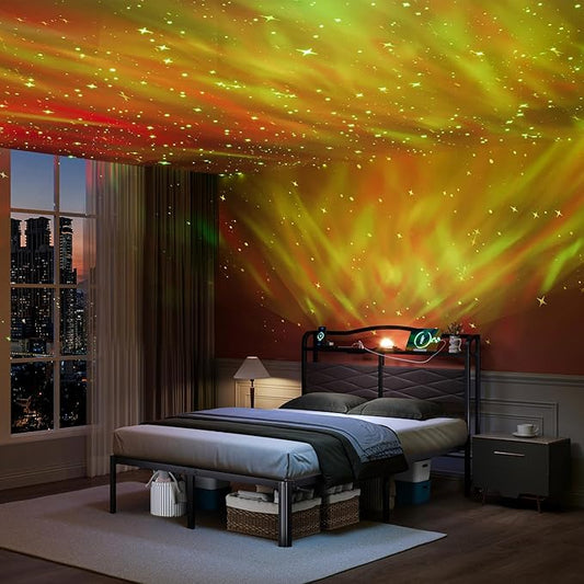 Queen Size Bed Frame - Storage Headboard with Charging Station & Galaxy Aurora Projector, 14 Inch Sturdy Metal Platform Bed Frame No Box Spring Needed, Easy Assembly, No Noise, Brown