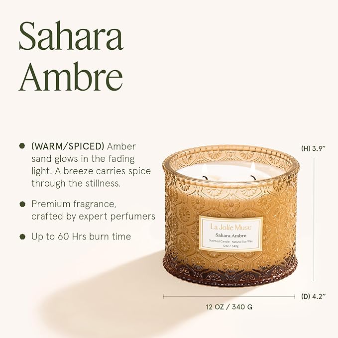 LA JOLIE MUSE Amber Candle, Scented Candles for Home, Large 2-Wick Soy Candles, Luxury Jar Candle Gifts for Women & Men, 60 Hours Long Burning, Sahara Ambre, 12oz