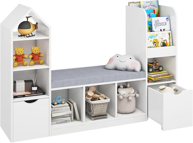 Kids Bookcase and Bookshelf with Reading Nook, Toy Storage Organizer for Kids, White Bookcase with 7 Storage Cubbies 2 Movable Drawers and Seat Cushion for Children's Room, Playroom