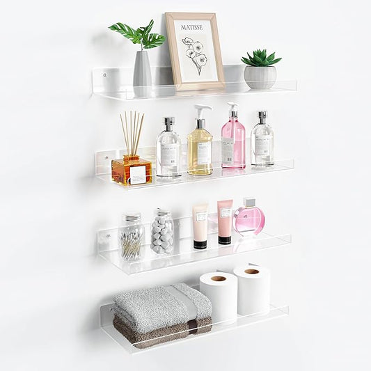 upsimples 4 Pack 15x6 Inches Acrylic Bathroom Shelves for Wall, Floating Bathroom Shelves Over Toilet, Storage Shelf for Toilet Paper, Towels and Toiletries, Clear