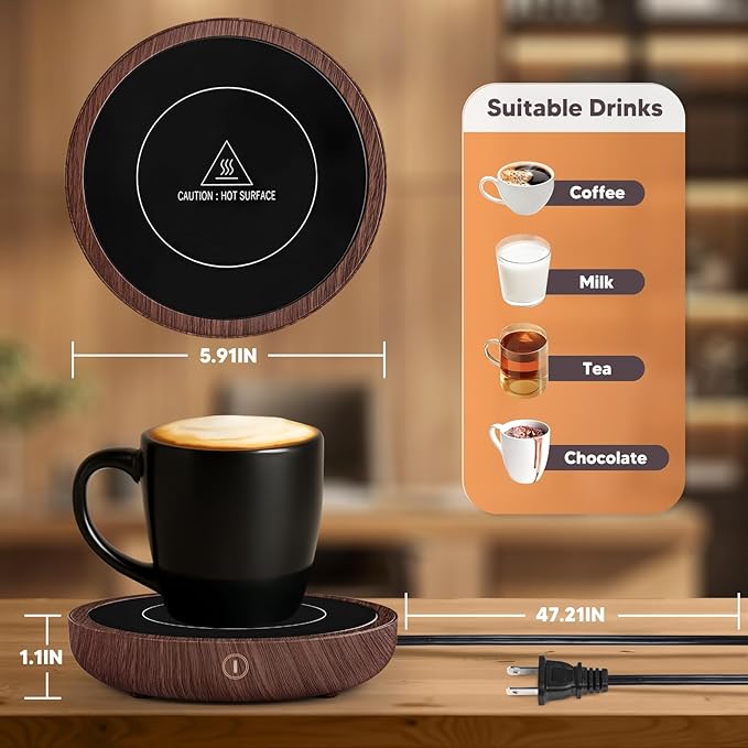 Coffee Mug Warmer, Fastest Heating Temperature, KRGMNHR Coffee Cup Warmer for Desk Auto Shut Off, 3-Temp Settings, Candle Wax Warmer Heating Plate for Coffee, Milk, Tea (Up to 180° F/80 °C), Wood