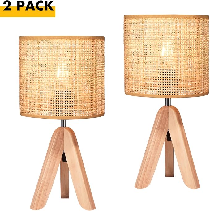 Hamilyeah Tripod Lamps for Night Stands Set of 2, Boho Bedside Lamps with Wicker Shade, Woven Table Lamps for Living Room with On/Off Switch, Wood Desk Lamps for Bedroom