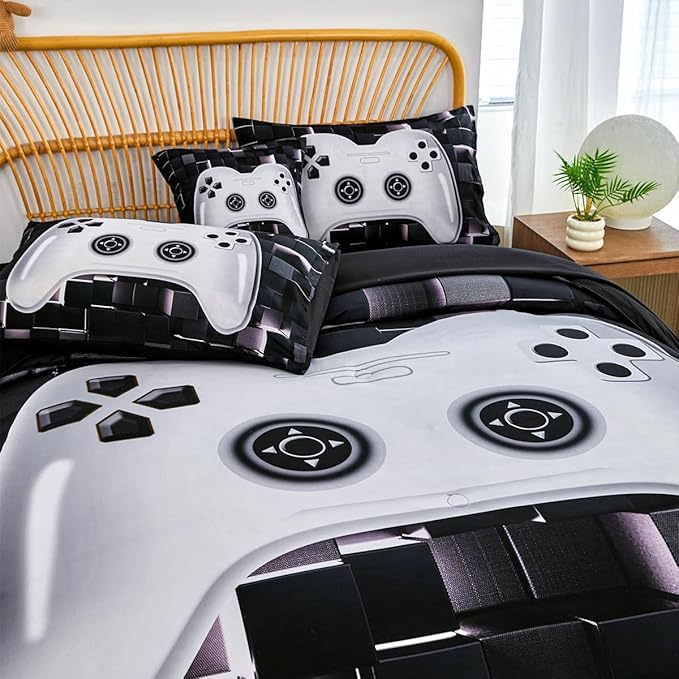 PERFEMET 6 Pieces Bed in A Bag Gamer Comforter Set Queen Size-Black White Game Console Bedding Set for Boys Girls-Soft Comfy 3D Cool Video Game Kids Bed Set(White, Queen)