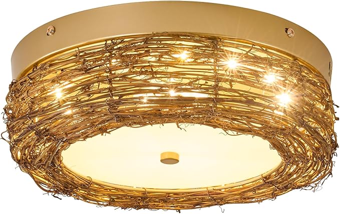 11 inch Rattan Light Fixture Boho Flush Mount Ceiling Light Hand Woven LED Ceiling Lamp for Hallway Bedroom Kitchen Entryway Living Room Nursery