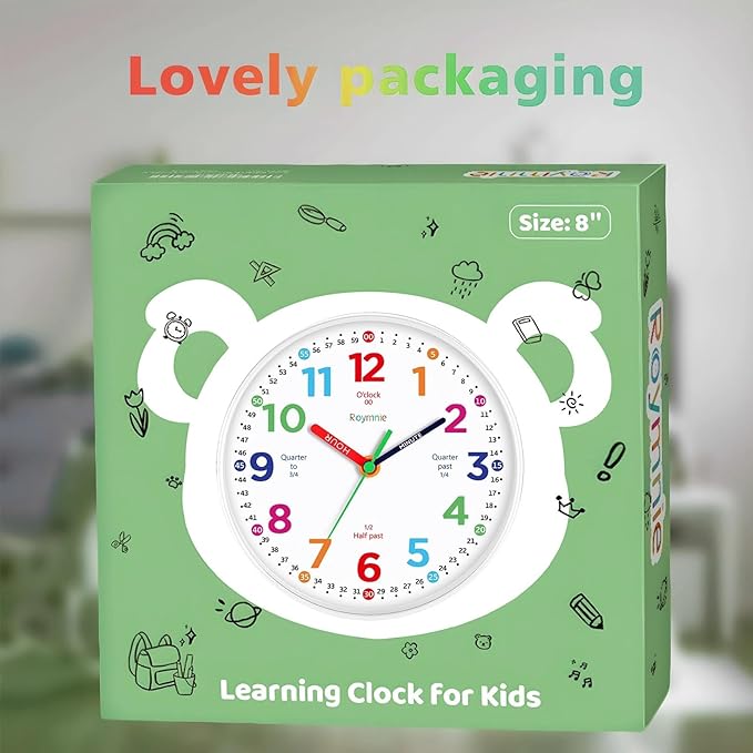 Wall Clock for Kids Learning to Tell Time Non Ticking Battery Operated Kids Teaching Clock Small Teaching Time Clock Decorative for Kids Room Classroom School (8 Inch)