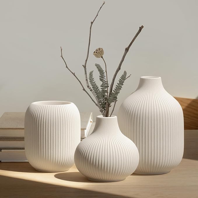 White Ceramic Vases Set of 3, Modern Minimalist Ribbed Vases for Centerpiece, Home Office Shelf Decor, Farmhouse Kitchen Bathroom Bedroom Living Room Decor