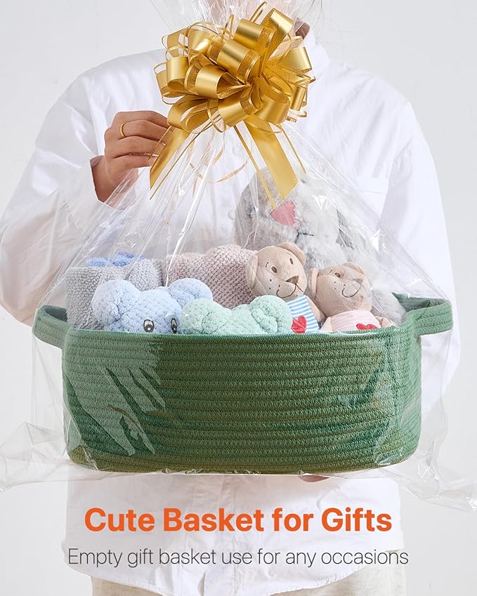 KALLAX Small Woven Basket, 14 x 10 x 5.6 Inches, Small Storage Baskets for Organizing, Gift Baskets Empty, Cute Rope Shelf Closet Storage Bins for Shelves, Dog Toy Basket, Green