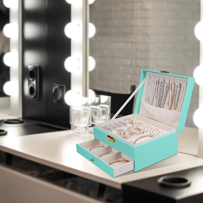 Jewelry Box for Women Girl Wife - Large PU Leather Jewelry Organizer Storage Case with Two Layers Display for Earrings Bracelets Rings Watches (Teal)