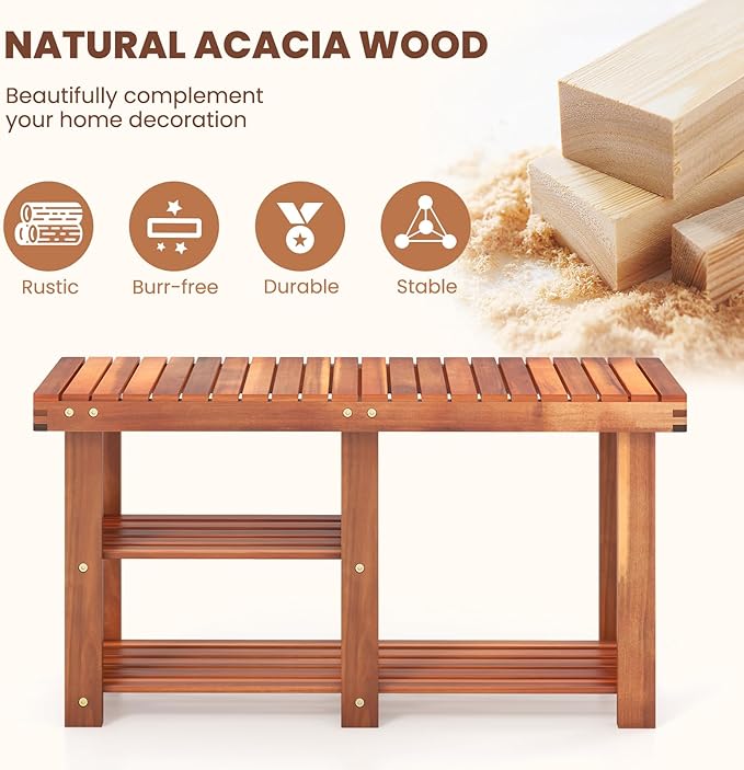 Tangkula 3-Tier Shoes Rack Bench, Entryway Storage Bench Shoes Organizer with Seat, Shoe Shelf for Boots, Acacia Wood Bench for Hallway, Bathroom, Living Room, Corridor Garden