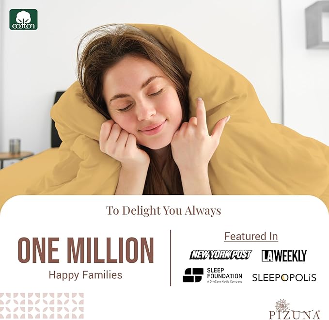 Pizuna Pure 100% Cotton Full Duvet Cover Set, Luxurious 400 Thread Count Long Staple Cotton Sateen Weave with Button Closure (Combed Golden Yellow Cotton Duvet Cover Full)
