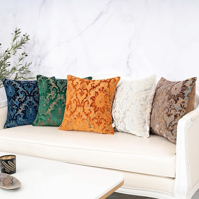 Alerfa Boho Blue Floral Throw Pillow Cover 20x20 Inch Cut Velvet Sqaure Luxury Embroidered Decorative Pillow Cover for Couch Living Room Bedroom