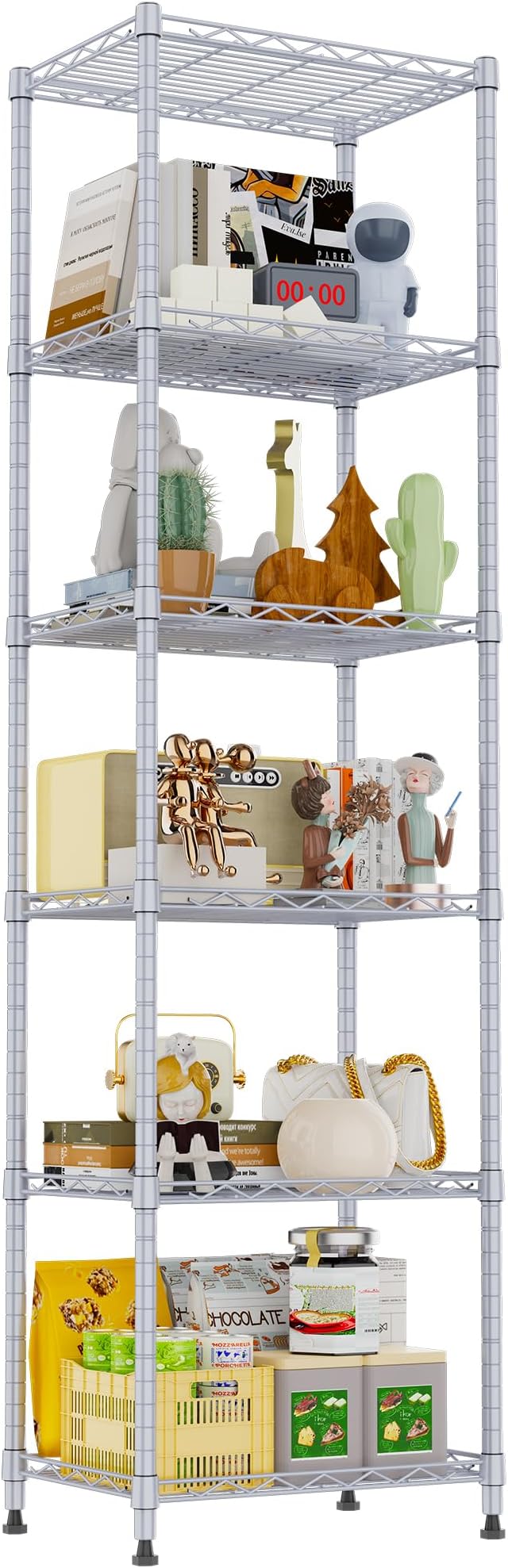 REGILLER 6 Wire Shelving Steel Storage Rack Adjustable Unit Shelves for Laundry Bathroom Kitchen Pantry Closet(Silver, 11.7" D x 16.8" W x 63" H)