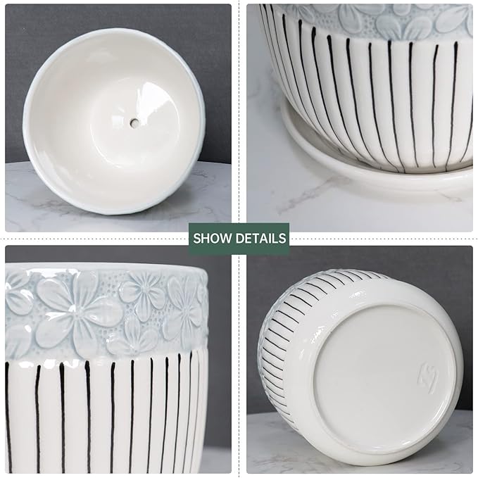 Ton Sin Grey Flower Pots,Texture Planter for Indoor Plants Set of 3 Ceramic Flower Pots with Saucer,Cute Garden Pots Succulent Pots(3 Pack,Grey