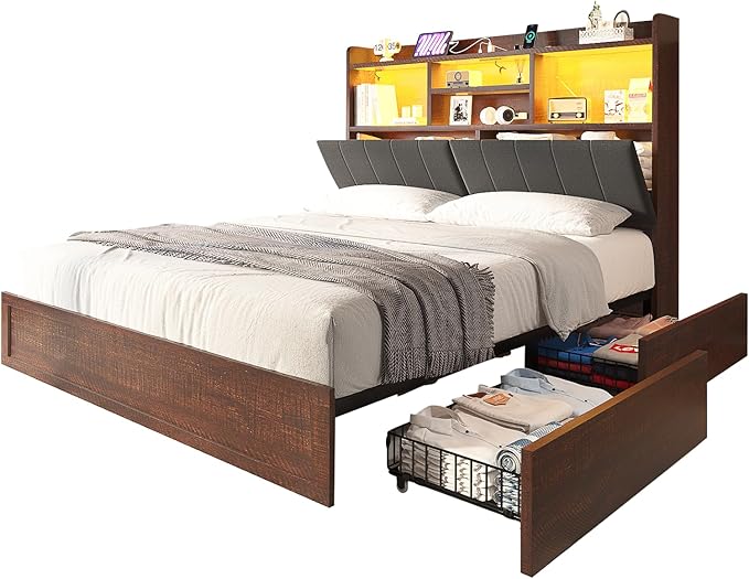 Queen Farmhouse Bed Frame with Bookcase Headboard and 4 Drawers, LED Storage Bed with Charging Station & Linen Upholstered, No Box Spring Needed, Reclaimed Barnwood