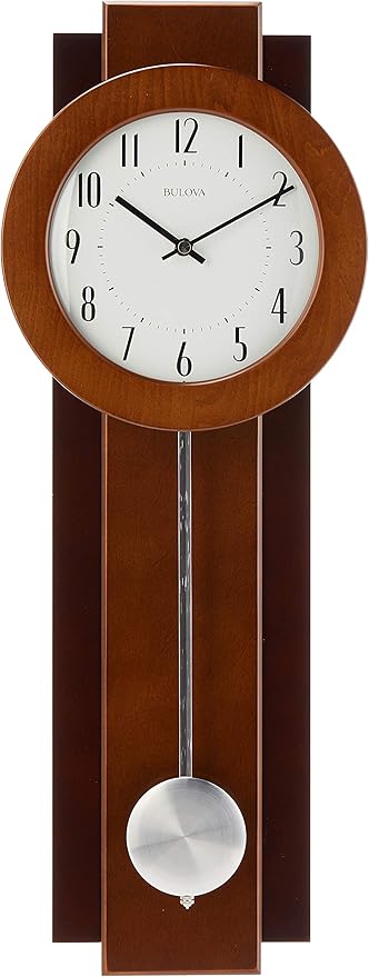 Bulova C3383 Avent Wall Clock | Two-Tone Wooden Case with Slow-Swing Pendulum | Arabic Numerals | Personalization Plate | 23.5" Height