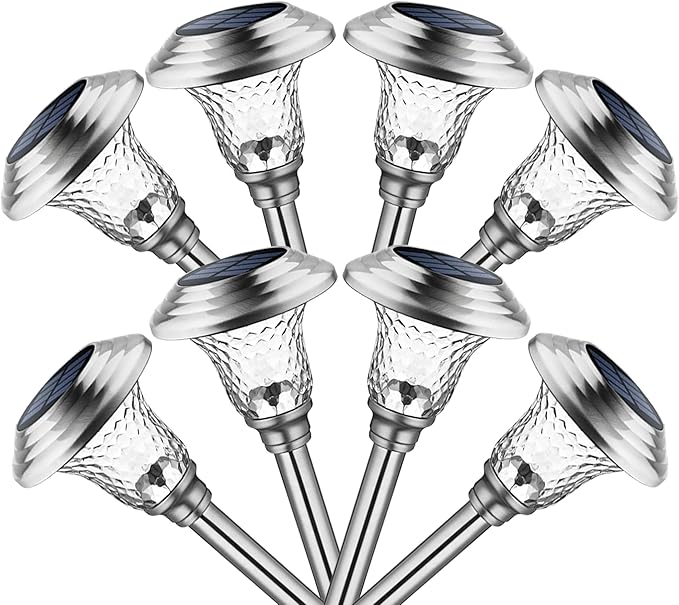 GIGALUMI 8 Pack Solar Pathway Lights, Solar Garden Lights Outdoor Warm White, Waterproof Led Path Lights for Yard, Patio, Landscape, Walkway (Stainless Steel)