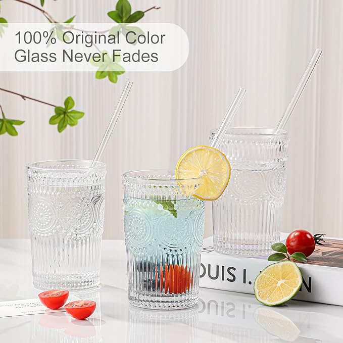 Vintage Glassware Drinking Glasses Set of 6,13 oz Clear Textured Flower Design Glass Water Tumblers,Embossed Striped Drinkware for Water,Cocktails,Juice,Iced Coffee