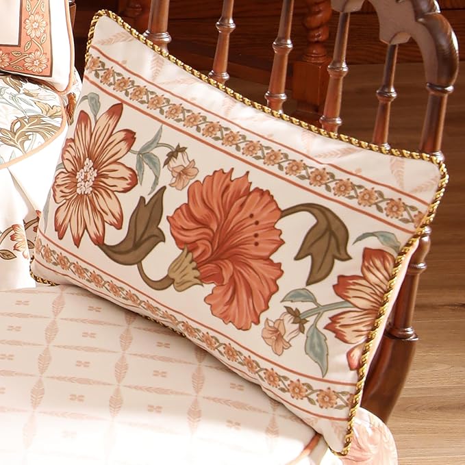 Throw Pillow Covers Pack of 4,Orange Floral Farmhouse with Wild Flowers Pattern Cozy Velvet Pillowcases,Decoration Square Lumbar Round Pillows Cushion Covers for Couch Bed Chair