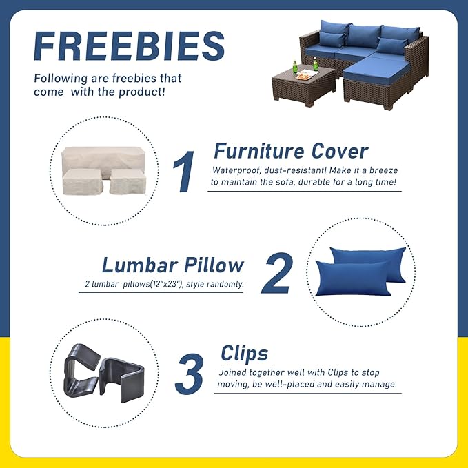 Wicker Patio Furniture Patio Couch 3 Pieces Patio Furniture Set Outdoor Sectional with Ottoman and Outdoor Storage Table with Lining Weathering Non-slip Cushions Waterproof Covers, Navy Blue