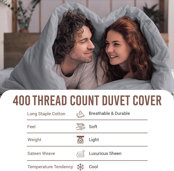 Pizuna Pure 100% Cotton Full Duvet Cover Set, Luxurious 400 Thread Count Long Staple Cotton Sateen Weave with Button Closure (Combed Violet Grey Cotton Duvet Cover Full)