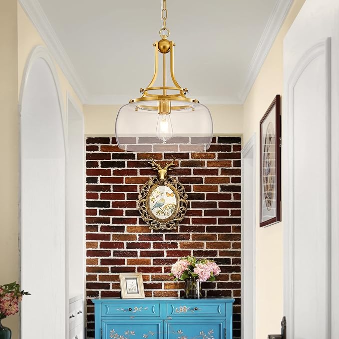 WUZUPS Chandelier Rustic Farmhouse Industrial Round Ceiling Pendant LED Light Fixture with Clear Glass Shades for Dining Room Kitchen Island Foyer Entryway, H 17" x W 13.4", E26 Base, Brushed Gold