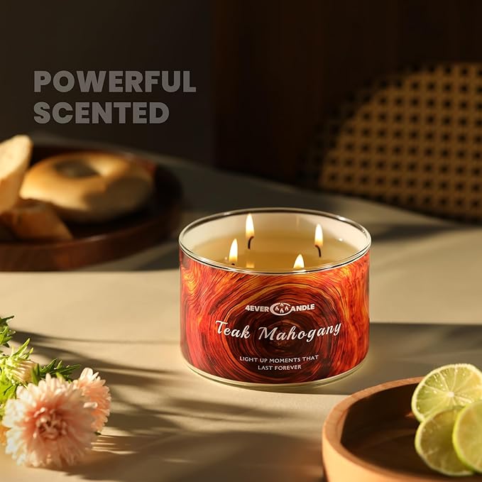Soy Wax Blend Candle for Home, 4-Wick Candles in Teakwood & Mahogany Scented, Aromatherapy Candles Gift for Parties, Relaxing, Over 50 Hours of Burn Time, 18oz
