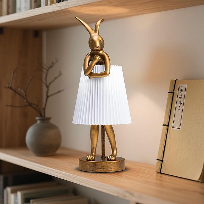Rabbit Lamp, Bunny Desk Light with Pleated Shade, Big Face Novelty LED Night Light, Cordless Rechargeable Battery Operated, Whimsical Art Deco Home Office Decor Gift for Bedroom, Kids Room