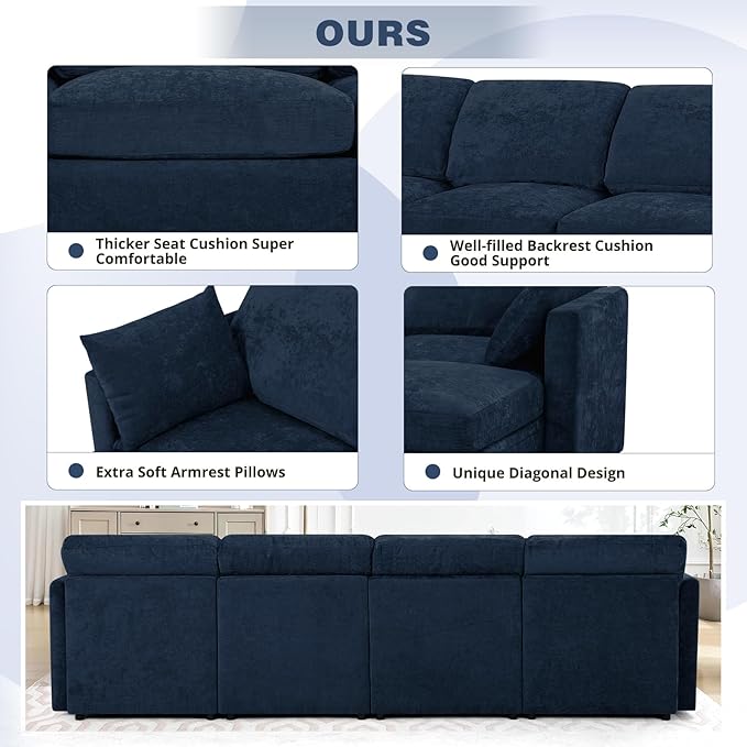 110” Chenille 4 Seats Sofa W/2 Movable Ottoman, Modern Fabric U-Shaped Couch with Soft Backrest, Upholstered Sectional Sofa with Armrest Pillows for Living Room, Office, Blue