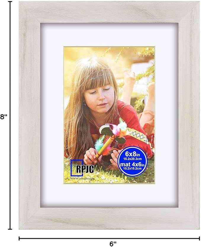 RPJC 6x8 inch Picture Frame Made of Solid Wood and High Definition Glass Display Pictures 4x6 with Mat or 6x8 Without Mat for Wall Mounting Photo Frame Rustic White