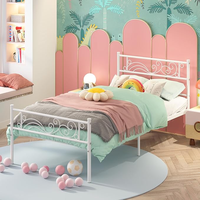 Weehom Twin Size Platform Bed Frame with Flower Design,Strong Metal Slats Support,Easy Assembly no Box Spring Needed White