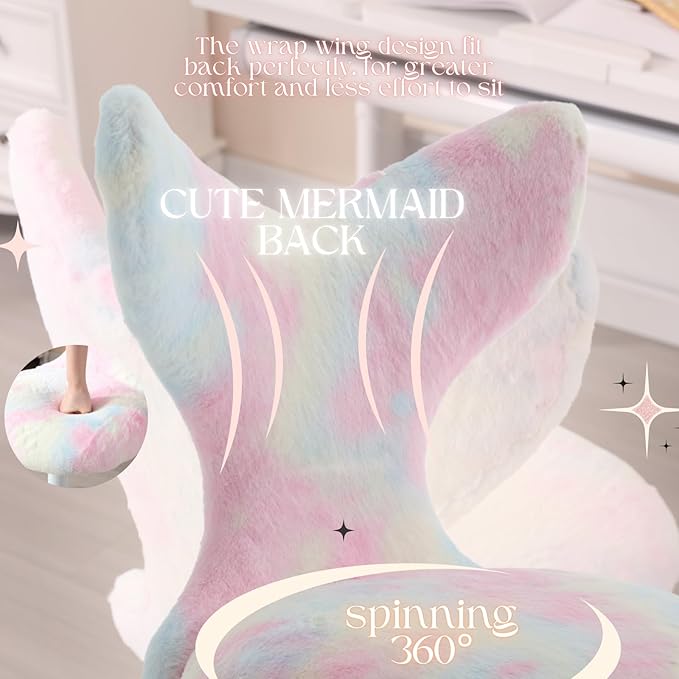 Fuzzy Desk Chair, Cute Swivel Children Desk Chair with Wheels for Kids Bedroom Upholstered Rolling Study Chair Adjustable Computer Chair Mermaid Back Vanity Chair for Teen Girls Boys, Pink Colorful