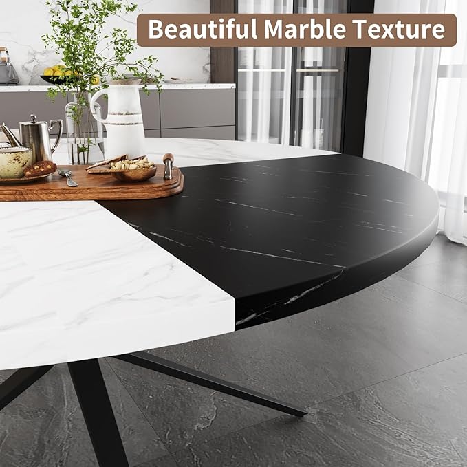 VOWNER Modern Round Dining Table for 4-6 People, 47 Inches Wood Kitchen Table, Dining Room Table with Metal Legs, Circle Coffee Dining Room for Living Room, Home, Apartment, Black and White