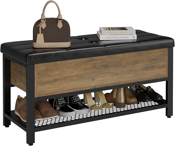 HOSTACK Storage Bench, Entryway Shoe Bench with Flip-Open Storage Box, End of Bed Ottoman Bench with Storage Shelf and Padded Seat for Bedroom, Hallway, Rustic Brown