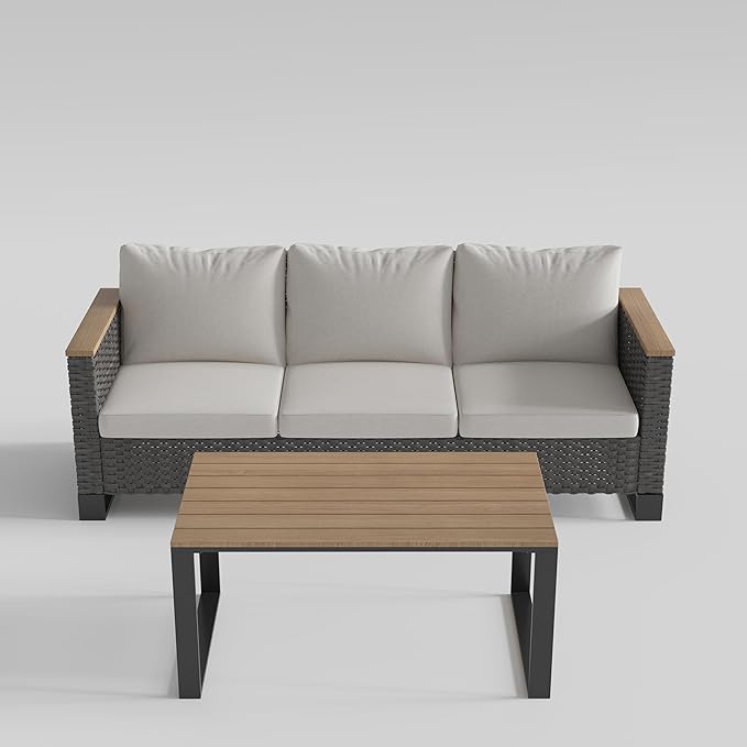 Ypati 2-Piece Handwoven Rattan Patio Modern Style Conversation Set, Aluminum Frame and Wooden-Style Armrest for Porch, Balcony, Garden, 3-seats Sofa with Conversation Table, Black & Light Gray