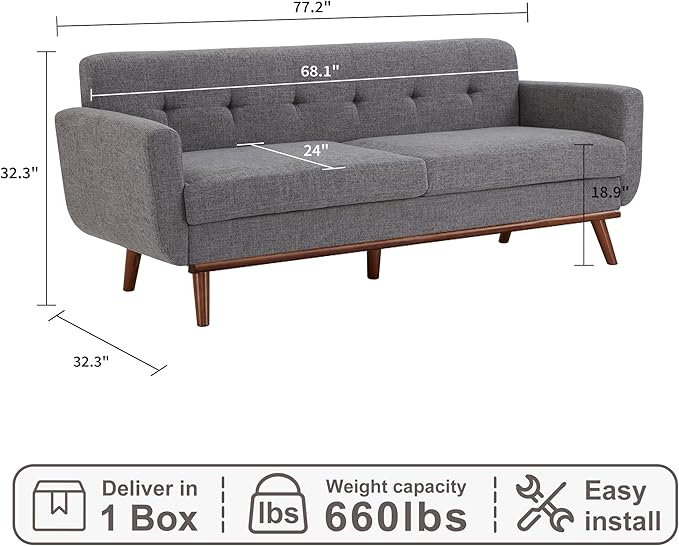 Kingfun 77.2" W Loveseat Sofa, Mid Century Modern Decor Love Seat Couches for Living Room, Button Tufted Upholstered Furniture, Solid & Easy to Install Small Couch for Bedroom Office Apartment, Gray