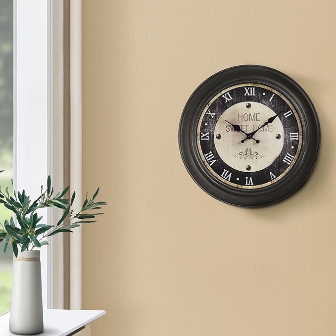 16 Inch Vintage Wall Clock, Silent Non-Ticking Quartz Battery Operated Decorative Clock for Home, Kitchen, Living Room, Dining Room, Office, Dark Brown Roman Number