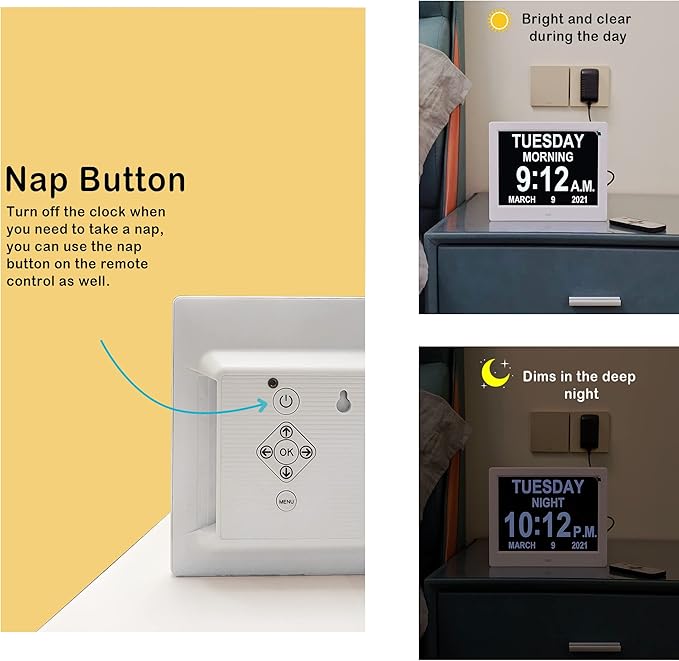 MASSII 8 Inch Extra Large Upgraded Dementia Clock 19 Alarms with Auto DST, 20 Custom Reminders,10-Level Auto Dimmer, 6 Display Modes, Digital Clock with Date and Time, 8" White with Remote