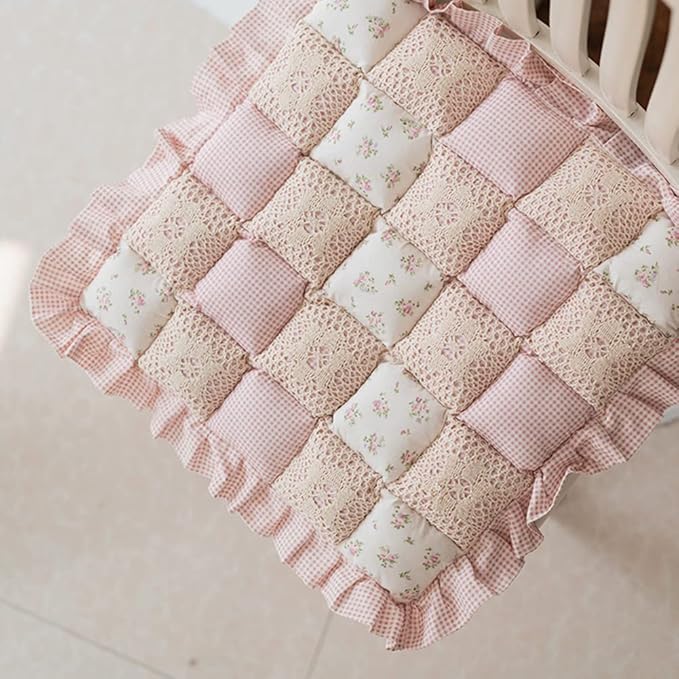 vctops Lace Patchwork Chair Pad Cushion with Ties, Elegant Ruffle Edge Decorative Cushions Farmhouse Floral Pattern Square Seat Cushion for Kitchen Dining Room Office (Type A,16"x16")
