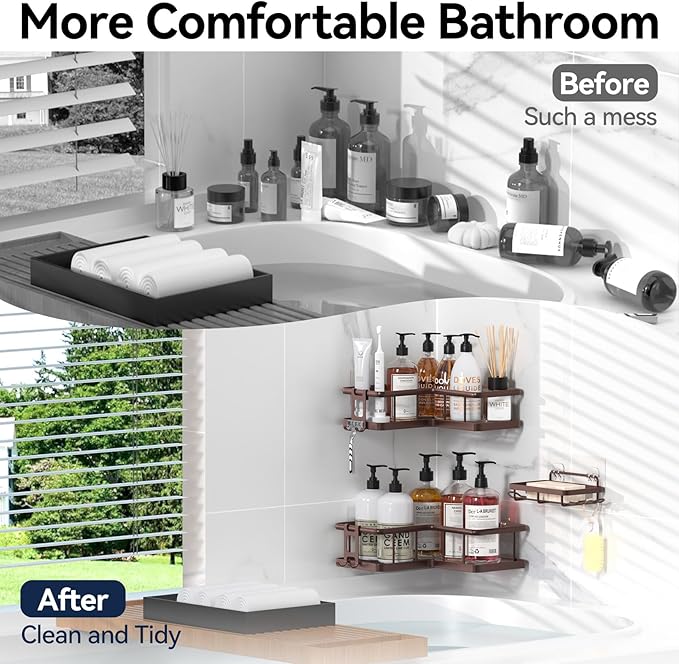YASONIC Corner Shower Caddy Organizer, 3-Pack Self-Adhesive Rustproof Bath Shelves with Soap Holder & 4 Hooks, Large Capacity Shower Storage Rack for Bathroom Organization - Bronze